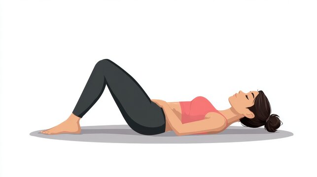 A person lies on his back, gently stretching the spine, knees pulled to the chest, visualization of the lengthening of the spine, exercises for physical therapy rehabilitation