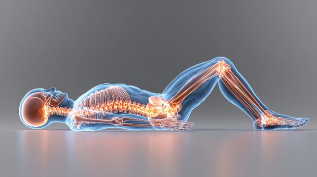 A person lies on his back, gently stretching the spine, knees pulled to the chest, visualization of the lengthening of the spine, exercises for physical therapy rehabilitation