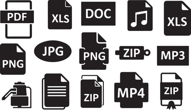 File type icons, document symbols, data formats, 20 file extension logos, black and white vector graphics