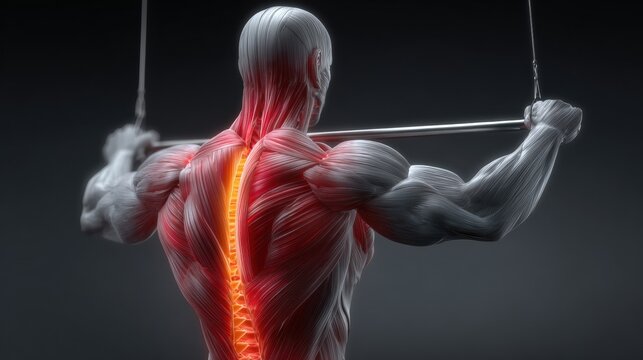 An athlete performs a lat pulldown exercise with the back muscles highlighted, the latissimus dorsi activated, and the athletic anatomy visualized.