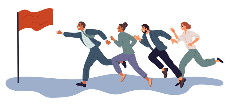 Business leader with team running toward red flag. Office career goal. Teamwork competition. Collogues rivalry. Businessmen hurrying to finish. Vector concept of leadership in business