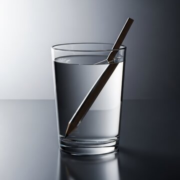 A simple clear glass filled with pure water stands on a surface. An object dipped into the liquid appears noticeably broken and bent by the light, optics, illusion, reflection
