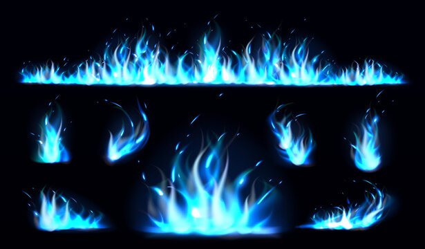 Blue flames. Realistic cold burn effects. 3D lights. Carbon monoxide colored fire. Flammable butane ignition various shapes. Glowing sparks. Hell combustion. Vector isolated elements set
