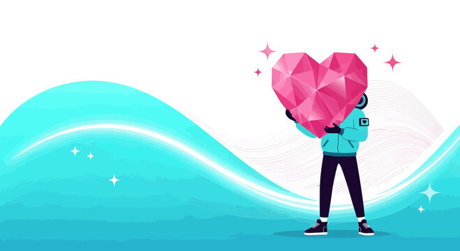 Person Holding Geometric Pink Heart, Abstract Waves Background, Love Concept