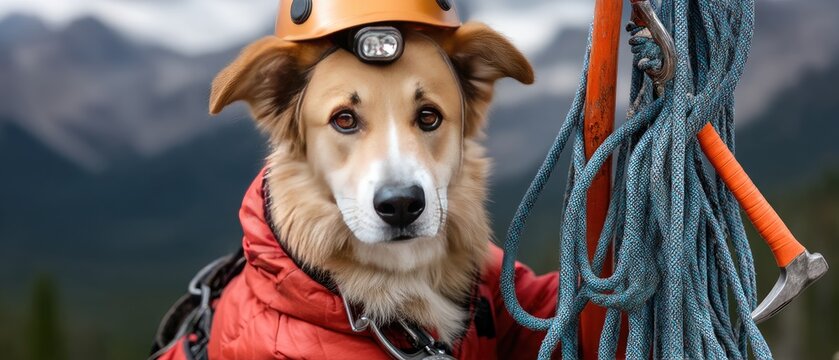 Portrait of a leonberger dog prepared for climbing in alpine terrain with gear and snowy mountains in the background