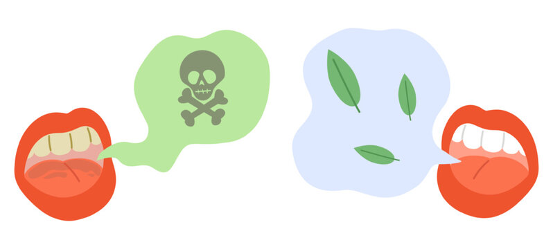 Bad, foul smelling breath due to poor teeth and oral cavity. Fresh, pleasant smelling breathe from clean, healthy mouth. People suffer from halitosis. Breathing scent. Vector concept