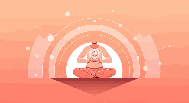 Person Meditating in Lotus Pose with Glowing Heart Chakra, Abstract Rainbow Arches