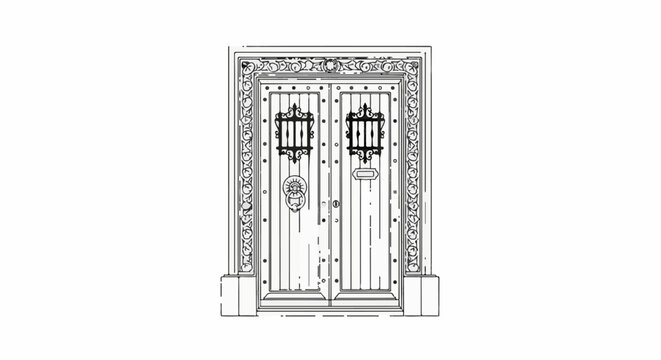 Ornate double doors with decorative molding, iron grates, and a lion head knocker