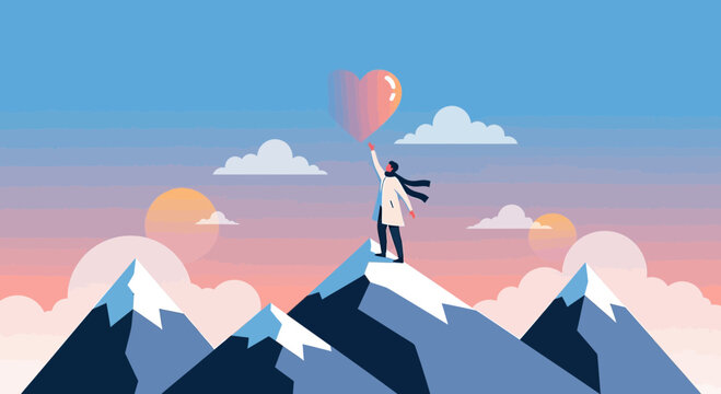 Person on Mountain Peak Holding Heart Balloon, Symbolizing Love, Hope, and Achievement