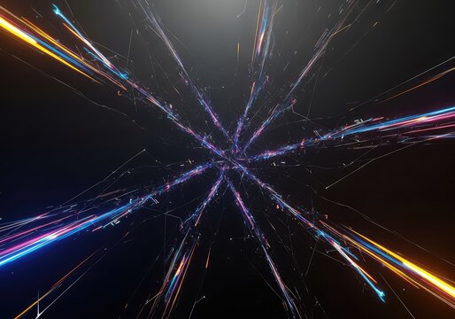 Abstract digital noise and light lines fracturing a deep space, symbolizing the complete erasure and distortion of linear time and reality, failure, absence, space