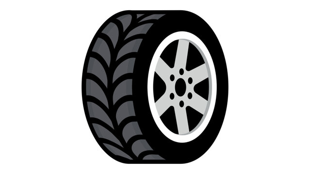 Modern flat vector icon illustration of a single car tire featuring a silver alloy rim and detailed tread pattern, isolated on a white background for automotive, transport, and garage service.