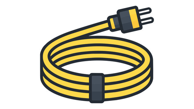 Coiled yellow extension cord vector icon illustration, modern flat design power cable with electric plug, electrical supply wire for home and industrial use, minimalist scalable graphic on white.