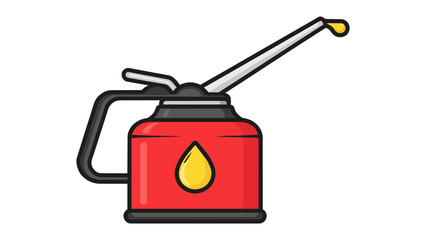 Fototapeta premium Red oil can vector icon illustration featuring a vintage style oiler with a long spout, handle, and yellow oil drop symbol. Flat design isolated on white background, scalable SVG for industry.