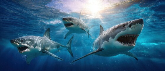 Fototapeta premium The Great White Sharks Swimming Aggressively Through Crystal Clear Blue Ocean Waters at Sunset