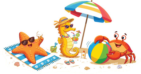 Cute Underwater Beach Vacation Animals Cartoon Illustration Set Featuring Starfish Seahorse Crab Summer Holiday Editable Vector Collection © MdMahfujAhmmed