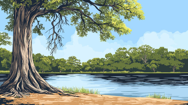 Pixelated artwork depicts a serene lakeside scene with a large tree and lush green foliage