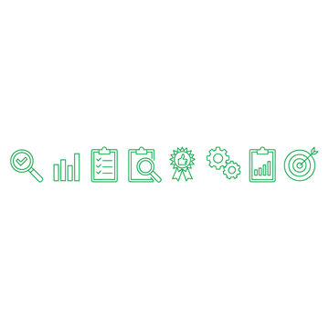 Set of business icons vector line symbols for finance and analysis magnifying glass chart checklist approval award gears target goal.