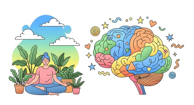 Ilustraci&oacute;n de vector plano de salud mental con cerebro, alivio del estr&eacute;s, meditaci&oacute;n.