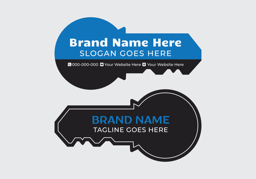 Creative Key Shaped Business Card Template Design with Die-Cut Professional Layout for Locksmith, Real Estate, and Security Services.