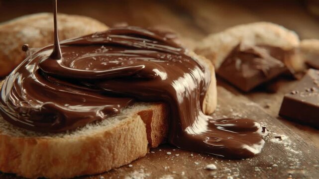 Enjoying smooth chocolate spread on fresh bread with pieces of chocolate beside it