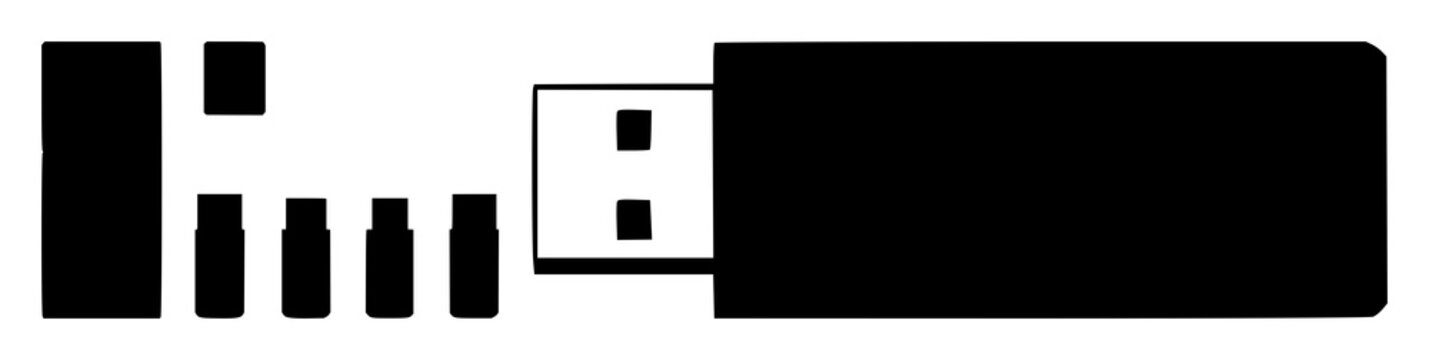 USB flash drive set with black silhouette against white background featuring flash drive, storage device, thumb drive with minimal design and portable storage.