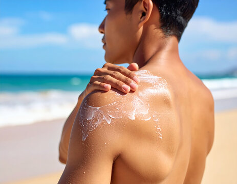 A person applying sunscreen to his shoulder on a sunny beach day. The person's skin is sun-kissed, and the scene is set against a backdrop of a clear blue sea