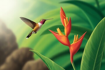 Fototapeta premium Hummingbird flying near vibrant red heliconia flowers in lush tropical garden
