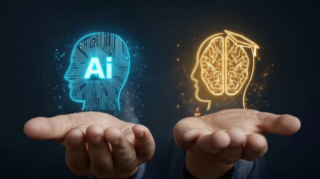 Infographic Representing AI and Human Brain Connection in a Visual Contrast with Circuit Design and Brain Patterns Showing Technological Integration