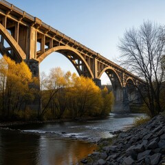 Obraz premium Dilapidated Concrete Arch Bridge Spanning Calm River in Serene Autumn Landscape with Yellow Foliage Trees, Rocky Embankment and Pale Blue Sky
