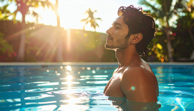 A person enjoying the sun while relaxing in a tranquil pool
