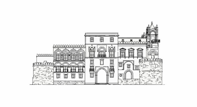 Ornate historical palace with crenellations, arches, and towers