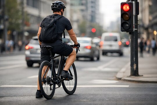 A man on a bicycle stops at a red traffic light in a busy city street. Cars are seen waiting and other cyclists and pedestrians move nearby. It is a typical afternoon