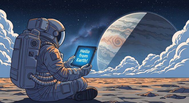 Astronaut sits on a rocky planetary surface while holding a digital tablet displaying a greeting message.