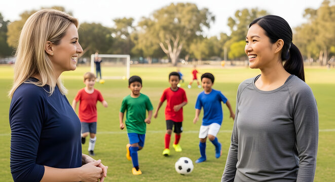 Two Mothers Talking at Kids Soccer Practice, Parenting and Social Life