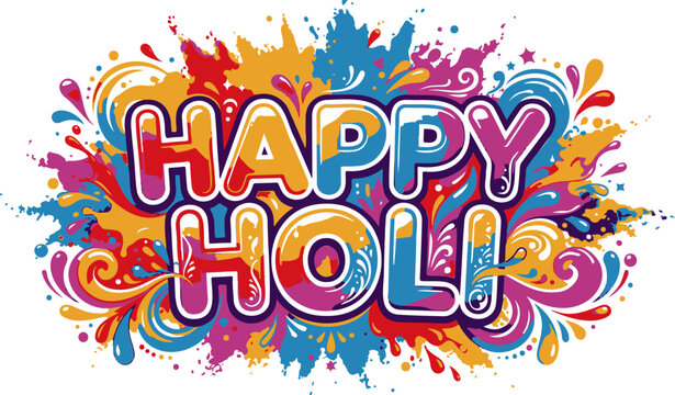Vibrant Happy Holi Typography with Color Splash Explosion