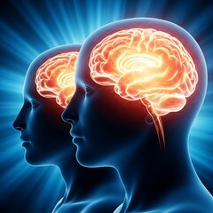 Obraz premium 3D illustration of glowing human brain with neural activity and creative thinking concept in dark blue background