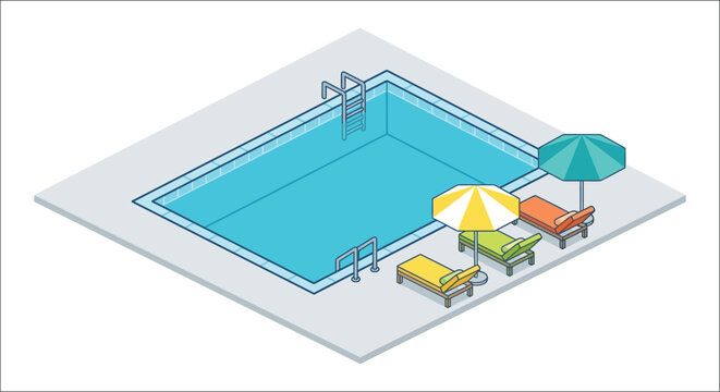 Isometric view of a backyard swimming pool with lounge chairs and umbrellas