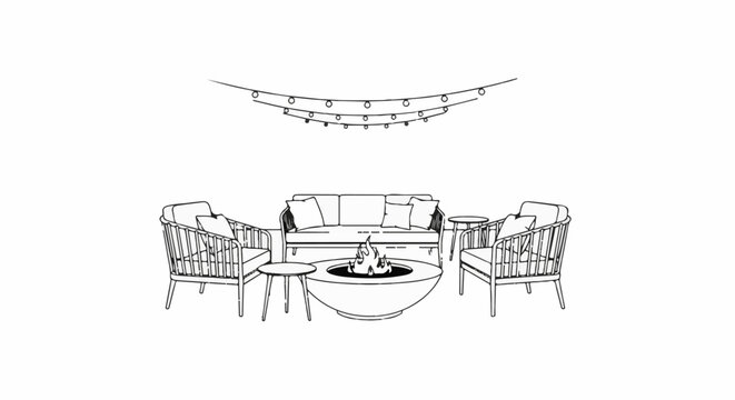 Outdoor seating area with fire pit and string lights