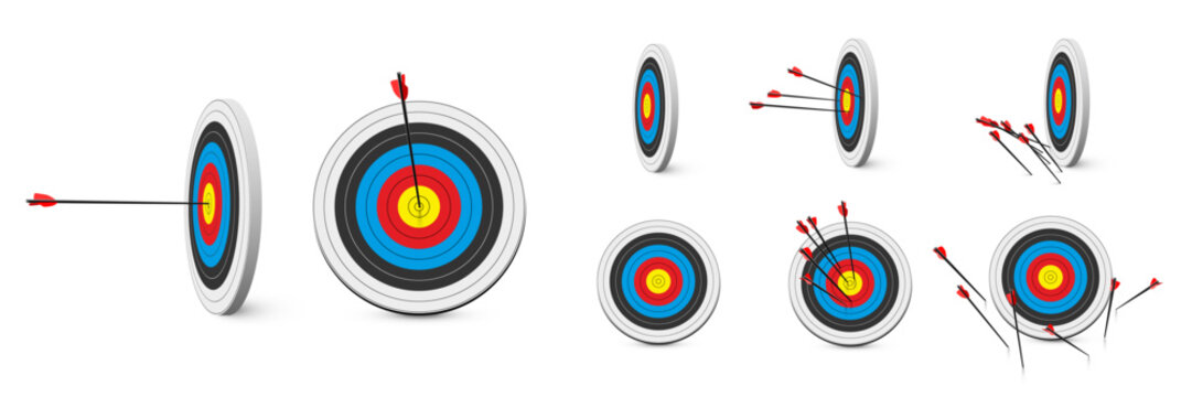Archery target arrows set. Archery target with concentric color rings on white background, multiple arrows embedded, side and front views. Minimal realistic vector illustrations set.