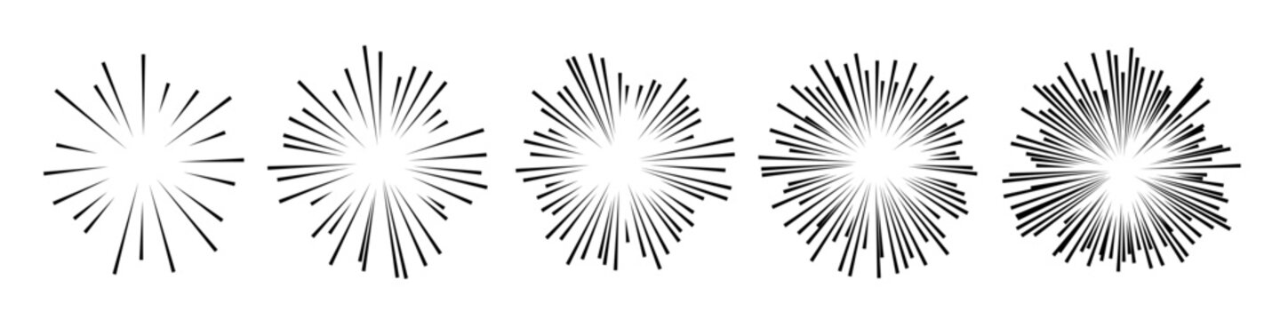 Round sunburst, line radial exploding frame icon set. Set fluffy pom poms. Circles made of black lines from center, manga comic speed effect, explosion or radial bursts. Vector illustration.