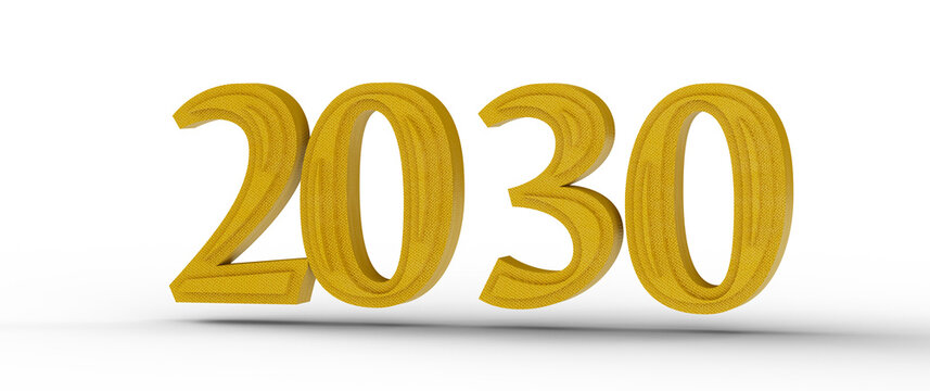 Bold gold 2030 text isolated on white, symbolizing future, concepts like time, and New Year. Perfect for design and anno