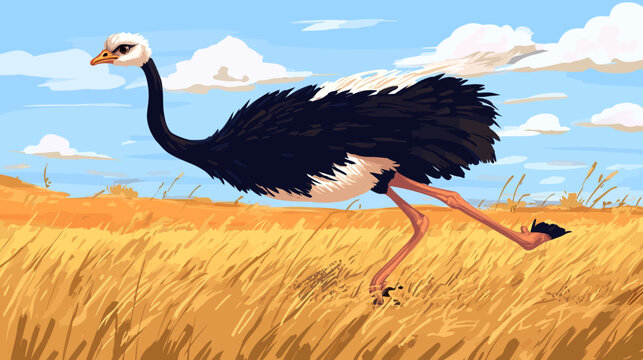 A stylized illustration depicting an ostrich running through tall golden grass under a cloudy blue sky