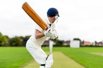 Obraz premium Cricketer poised for powerful swing