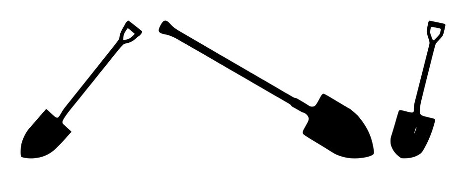 Shovel set with black silhouette against white background featuring gardening tool, earth mover, construction implement with soil, landscaping, outdoor use