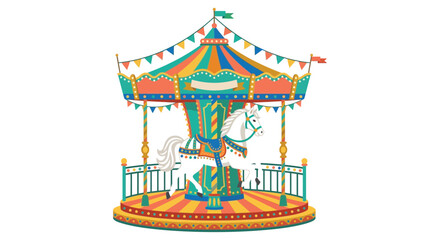 Fototapeta premium Colorful carousel with a white horse detailed illustration with flags