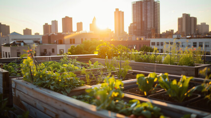 Fototapeta premium Urban garden trend rooftop with raised beds and vegetables at sunset for sustainable living and urban agriculture concept