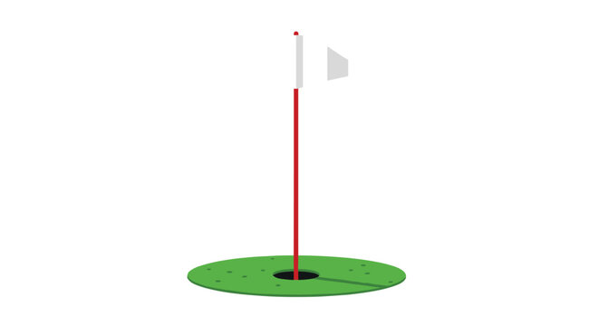 A pristine white triangular flag sits atop a slender red pole marking a golf hole on a vibrant green circular putting surface against white space.