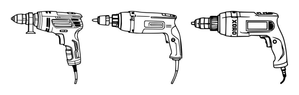 Electric drill set with sleek black line art on a white background featuring tool, hardware, construction with illustration and vector