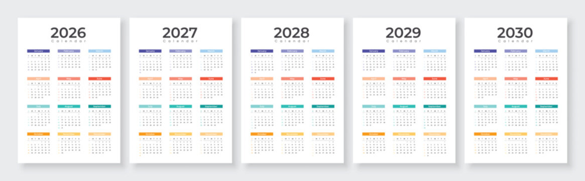 2026, 2027, 2028, 2029, 2030 year annual calendars. White background English language. Printable vector illustration set.