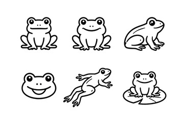 Obraz premium Cute frog character icon set in simple outline cartoon vector style